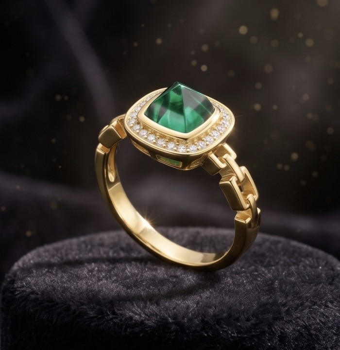 4.9 carat natural Colombian Emerald .925 Sterling Silver diped in 18K Gold handmade Statement Ring size 7 1/4 - Gold ring with pyramid-cut emerald, side view on display stand