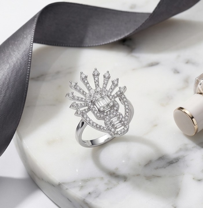 Tropicana natural 2.5 carat Topaz .925 Sterling Silver handmade Ring size 8 1/4 - Top view of Tropicana 2.5 carat Topaz ring on marble surface.