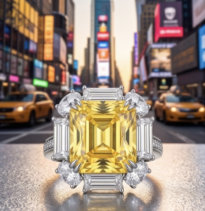 Art Deco - Luxurious assher cut 15.7 carat Yellow Sapphire 18K Gold over .925 Sterling Silver handcrafted Ring s. 8 1/4 - Close-up of Art Deco ring with 15.7 carat yellow sapphire in urban setting