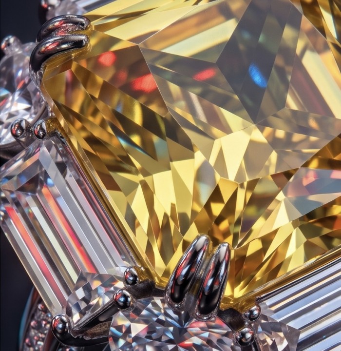 Art Deco - Luxurious assher cut 15.7 carat Yellow Sapphire 18K Gold over .925 Sterling Silver handcrafted Ring s. 8 1/4 - Close-up of luxurious assher cut 15.7 carat yellow sapphire in setting