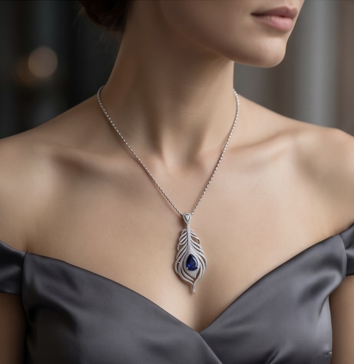Precious Magic Feather 10.2 carat Sapphire .925 Sterling Silver .925 Sterling Silver Statement Necklace - Worn on neck: Precious Magic Feather 10.2 carat Sapphire Necklace