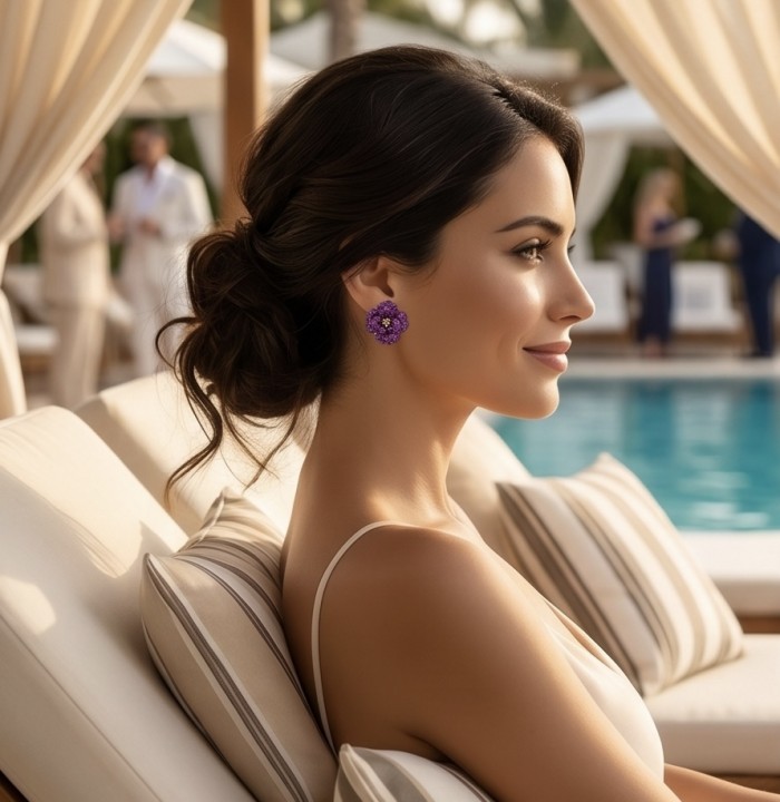 Exotic Flowers - 18.8 carat Mozambique Ruby .925 Sterling Silver dipped in rhodium 22K Gold handmade Statement Earrings - Side view with exotic flower earrings by the pool.