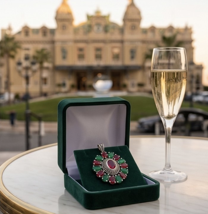 Giovanna 22.2 carat authentic Ruby Emerald Marcasite .925 Sterling Silver handmade Pendant - Ruby and emerald pendant in green box with champagne, exterior background