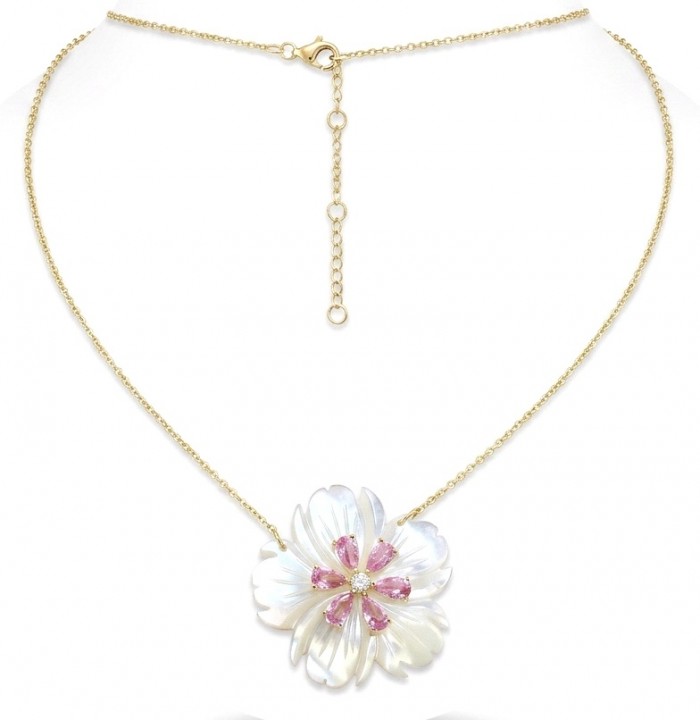 Precious White Flowers Blister Pearl 2.2 carat Kunzite 14K Gold over .925 Sterling Silver Necklace - Necklace with flower design, front view showing kunzite and pearls.