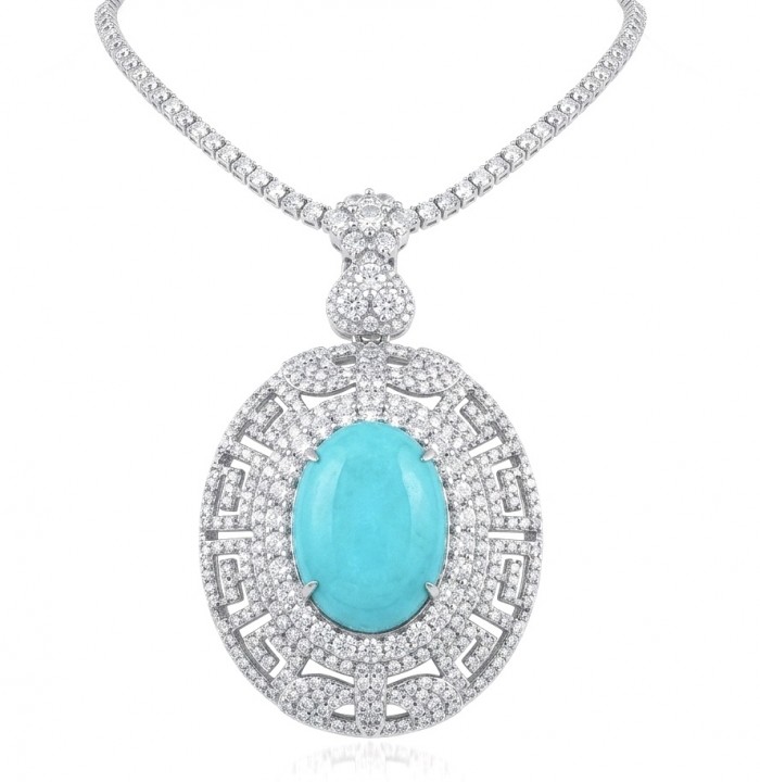 Colombian Briliance - oval cut 22.7 carat Emerald .925 Sterling Silver handcrafted necklace - Necklace front view with oval emerald and diamond details.