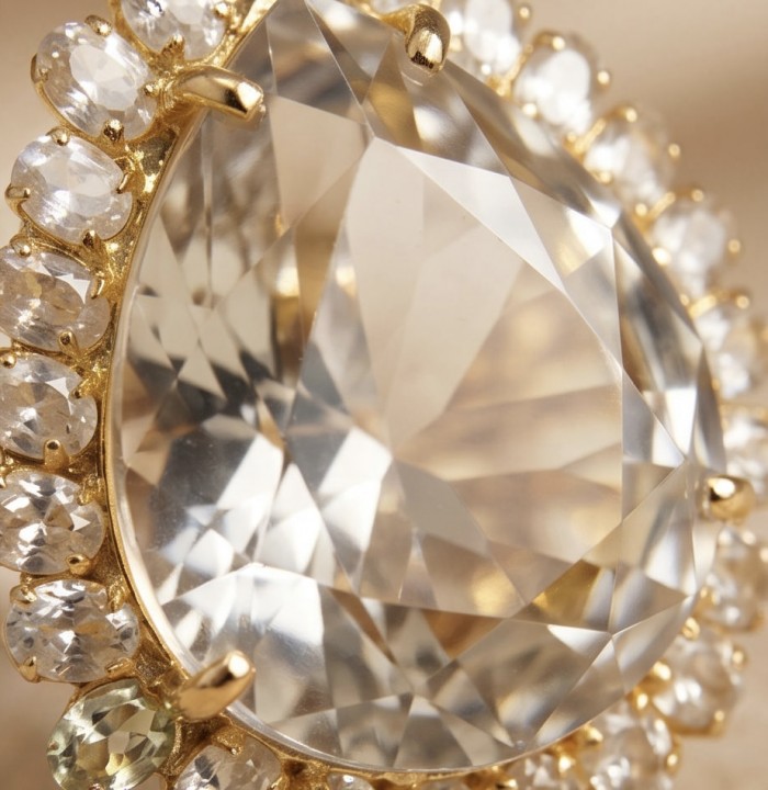 Massive Authentic pear cut 35.2 carat White Topaz 18K Gold over .925 Sterling Silver ring s. 8 - Stone close-up of pear cut white topaz with gold accents