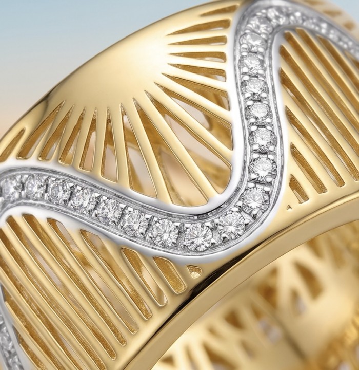 Secret code Precious Natural 18K Gold over .925 Sterling Silver Women ring size 7 - Close-up of intricate gold and diamond design on ring.