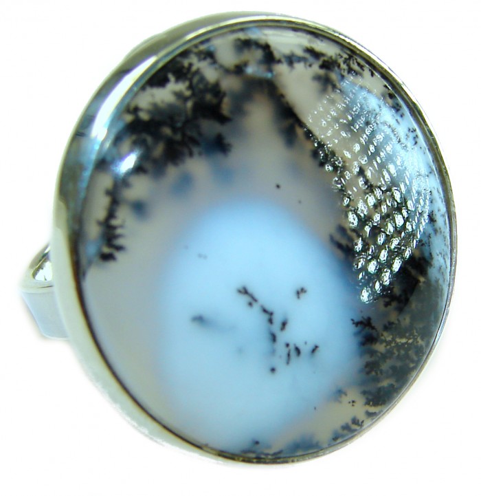 LARGE Top Quality Dendritic Agate .925 Sterling Silver handcrafted Ring s. 7 adjustable - Close-up of dendritic agate in sterling silver setting.