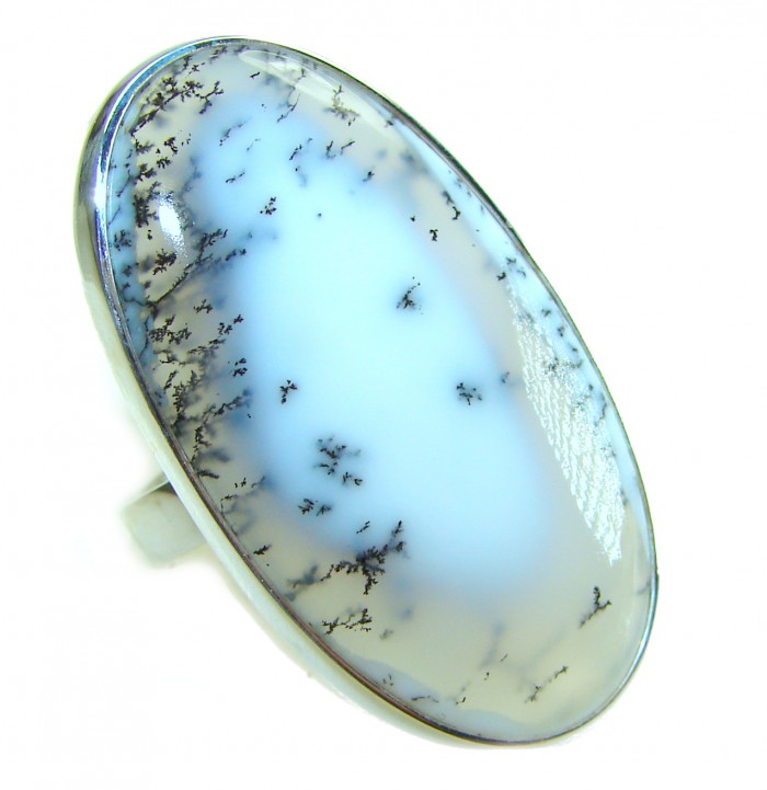 Top Quality Dendritic Agate .925 Sterling Silver handcrafted Ring s. 7 ADJUSTABLE - Close-up of dendritic agate ring in .925 sterling silver setting