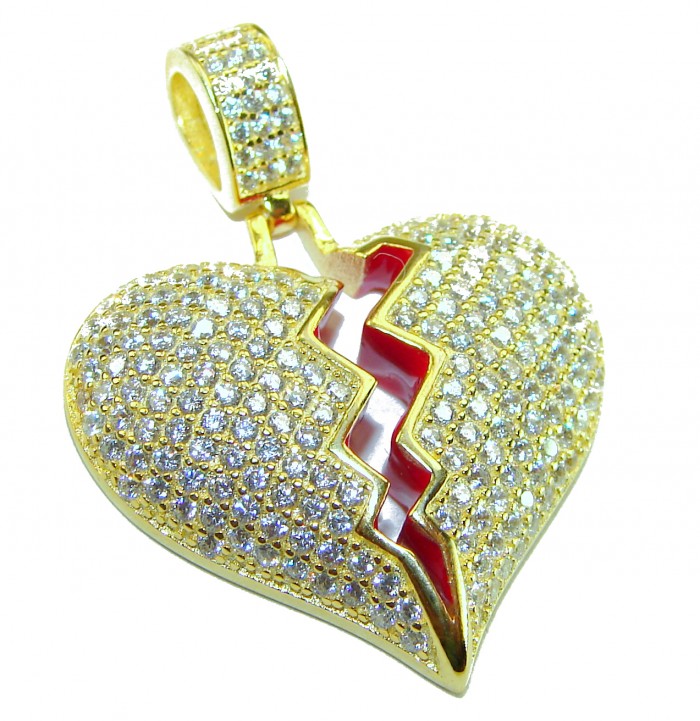 Broken Heart Luxurious 12.4 carat White Topaz .925 Sterling Silver dipped in 14K Gold over handcrafted pendant - Top view of broken heart pendant with white topaz stones.