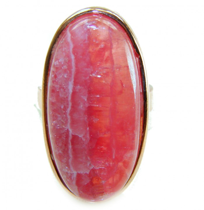 Large top quaity Argentinian Rhodochrosite 18K Gold over .925 Sterling Silver handmade ring size 8 ADJUSTABLE - Close-up of large Argentinian Rhodochrosite ring in 18K gold setting.