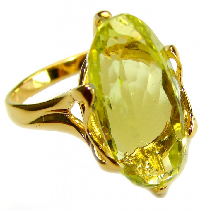 Solid 14.8 carat Genuine Lemon Quartz 18K Gold over .925 Sterling Silver handcrafted ring size 9 - Close-up of 14.8 carat lemon quartz ring in 18K gold over .925 silver.