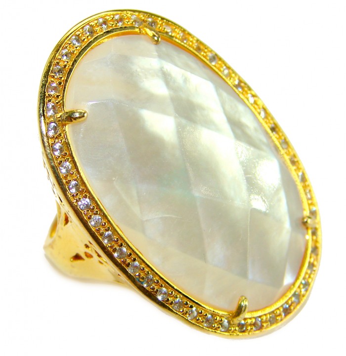 Luxurious Blister Pearl 1.03 carat lab. grown diamonds 18K Gold over .925 Sterling Silver brilliantly handcrafted ring s. 5 1/4 - Luxurious pearl ring with diamonds, side view, 18K gold.