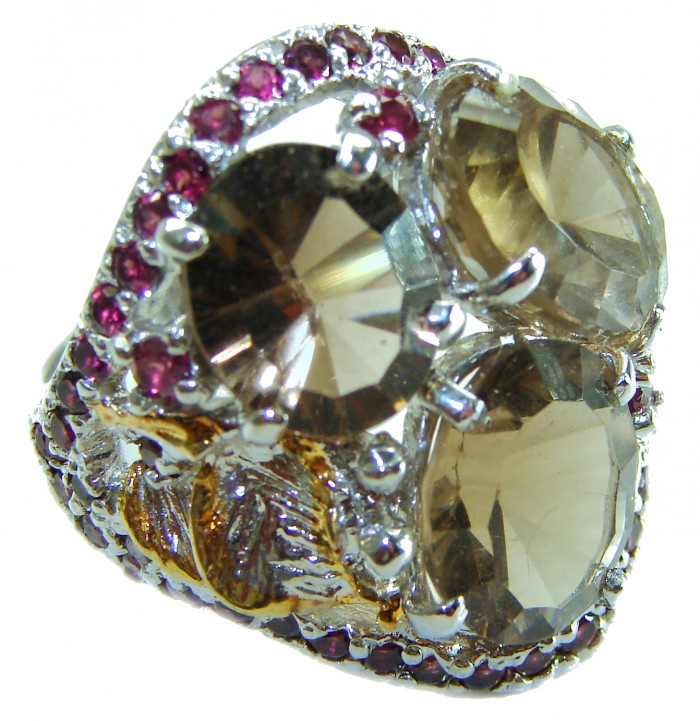 Celestial peace 27.5 carat Champagne Smoky Topaz Ruby .925 Sterling Silver HUGE Ring size 8 - Close-up of Celestial Peace ring with smoky topaz and ruby accents