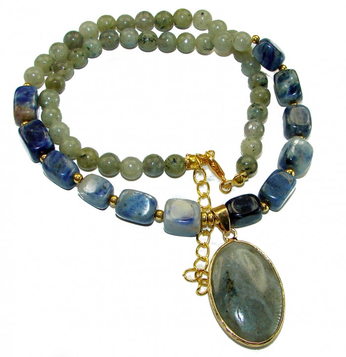 Simple genuine Moss Prehnite SODALITE Necklace 10k Gold over .925 Sterling Silver 16 inches necklace - Necklace with moss prehnite and sodalite, gold clasp and pendant detail.