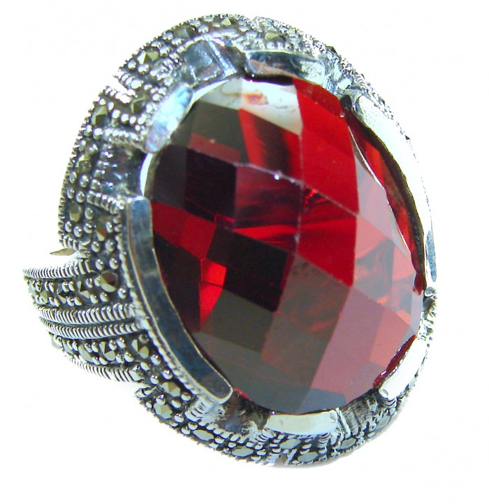 Red Cascade Authentic 25.4 carat Garnet .925 Sterling Silver brilliantly handcrafted large Statement Ring size 7 - Close-up of Red Cascade 25.4 carat garnet in .925 sterling silver ring.