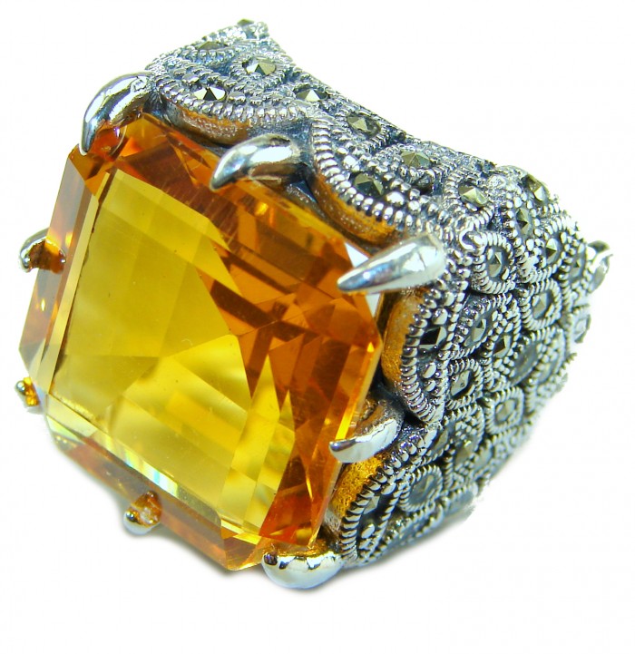 Solid 24.8 carat Genuine Golden Topaz .925 Sterling Silver handcrafted ring size 7 - Close-up of golden topaz ring with intricate sterling silver setting