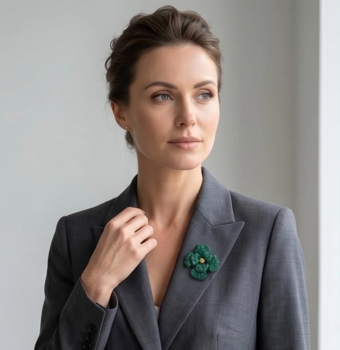 Retro Style - Precious Rose Genuine 22.5 carat Colombian Emerald black rhodium over .925 Sterling Silver handmade Pendant - Brooch - Woman wearing a gray suit with green floral brooch on lapel.