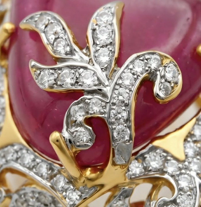 GIOVANNA- Natural 25.8 carat Mozambique Ruby 18K Gold over .925 Sterling Silver Handcrafted Statement Ring size 5 1/2 - Stone and diamond detail close-up, GIOVANNA Ruby 18K Gold Jewelry