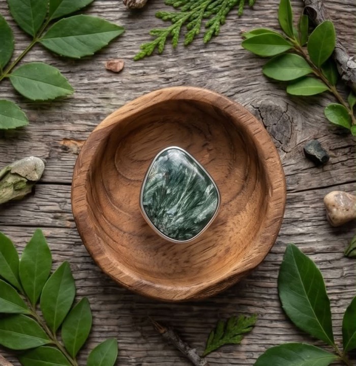 Great quality Seraphinite .925 Sterling Silver handcrafted Ring size 7 adjustable - Seraphinite stone in bowl, top view, .925 Sterling Silver jewelry.