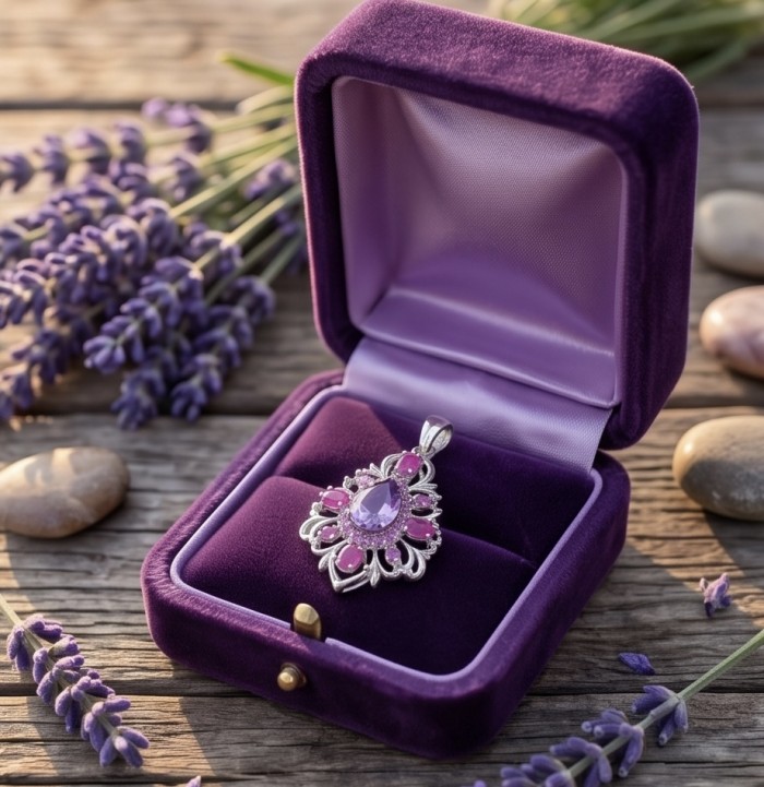 Francesca Genuine 22.7 carat Amethyst Kashmir Ruby rhodium over .925 Sterling Silver handcrafted earrings - Amethyst ruby pendant in velvet box, top view with lavender accents.