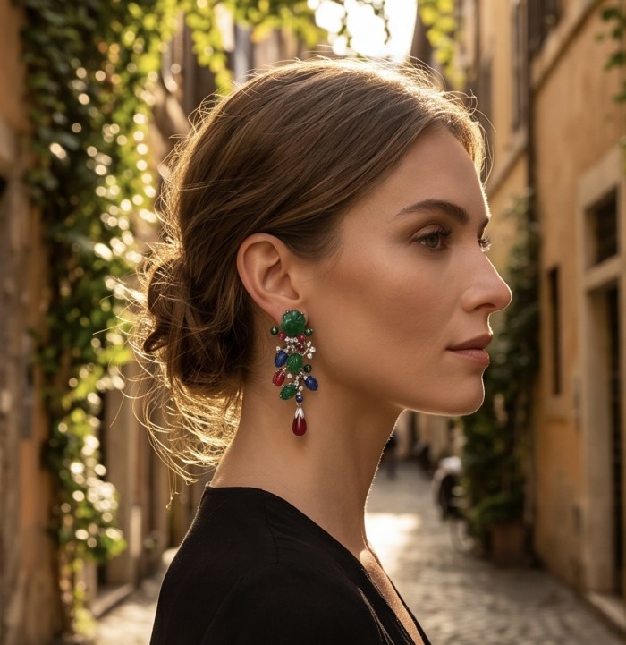RARE BEAUTY! Valentina 28.2 carat CARVED Ruby Emerald Sapphire .925 Sterling Silver dipped in rhodium Statement handcrafted earrings - Side view of Valentina earrings worn outdoors, 28.2 carat ruby emerald sapphi.