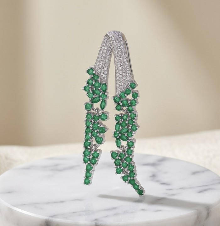 Heirloom Genuine 10.5 carat Colombian Emerald .925 Sterling Silver dipped in rhodium handmade Pendant - Luxury emerald earrings front view with intricate design on marble surface
