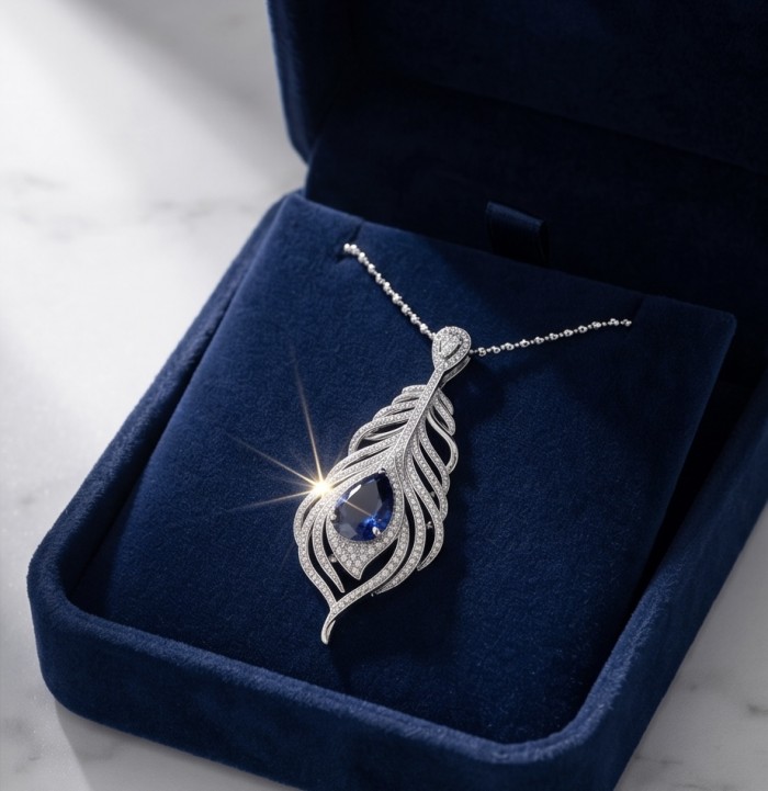 Precious Magic Feather 10.2 carat Sapphire .925 Sterling Silver .925 Sterling Silver Statement Necklace - Top view of sapphire feather pendant in blue velvet box