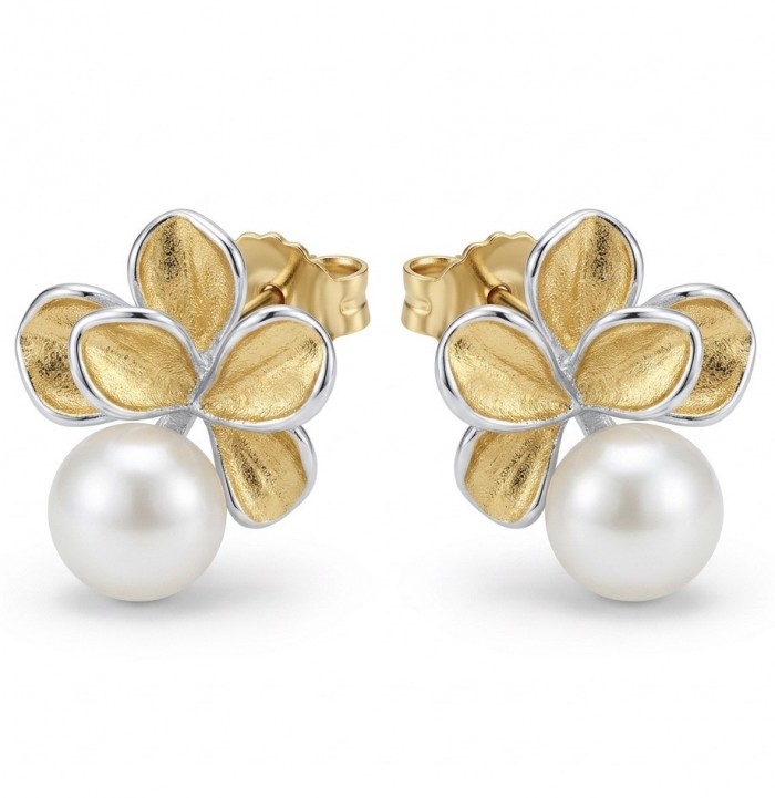 Classy Design - Genuine Pearl 18k Gold over .925 Sterling Silver handcrafted Statement Earrings - Floral earrings with pearls, front view, gold and silver accents