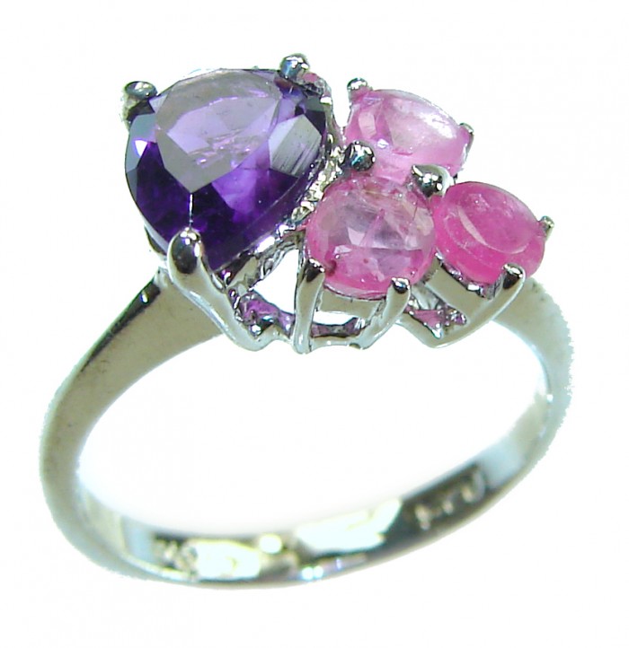 4.2 carat Amethyst .925 Sterling Silver Handcrafted Ring size 5 - Amethyst ring, side view showing purple and pink stones, sterling silver band.