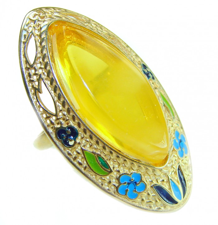 Tradition 12.2 carat Amber enamel 14K Gold over .925 Sterling Silver Handcrafted Large Ring size 6 adjustable - Amber ring with enamel detail, side view, 14K gold over .925 sterling silver