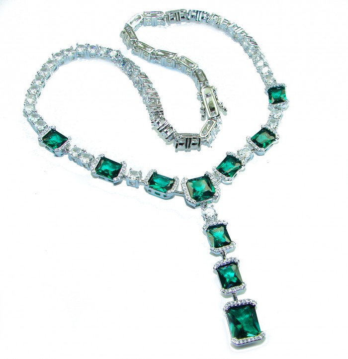 Green Royalty 27.2 carat Emerald .925 Sterling Silver .925 Sterling Silver Statement Necklace - Emerald necklace in sterling silver, top-down view.