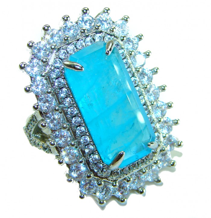 Luxurious baquette Cut 26.5 ctw Paraiba Tourmaline .925 Sterling Silver handcrafted Statement Ring size 6 1/4 - Close-up of luxurious paraiba tourmaline ring with diamond accents