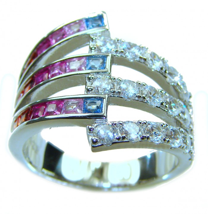 My own Rainbow - authentic 8.7 carat multigem .925 Sterling Silver Eternity Ring size 6 1/4 - Side view of multigem 8.7-carat sterling silver rainbow ring.
