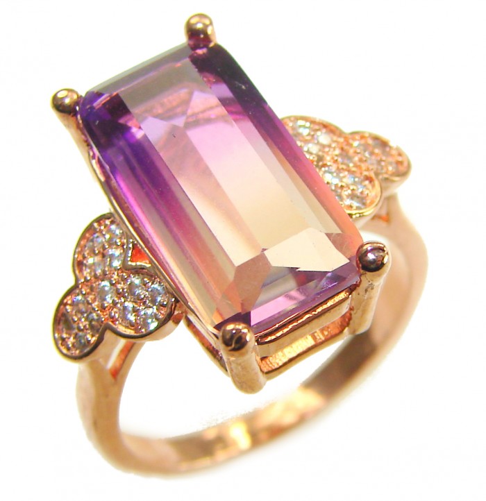 Tiffany baquette cut 10.5 carat Ametrine 18K Rose Gold over .925 Sterling Silver handmade Ring s. 6 1/2 - Close-up of Tiffany baguette-cut ametrine ring in 18K rose gold.