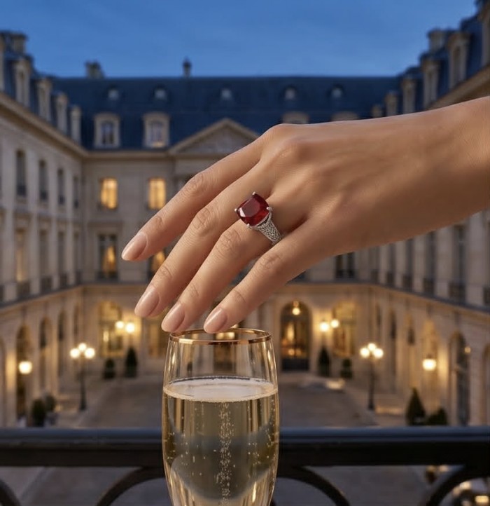 Red Power Authentic 10.4 carat Garnet .925 Sterling Silver brilliantly handcrafted Large Statement Ring size 7 adjustable - Hand wearing a garnet ring with champagne and elegant building backdrop