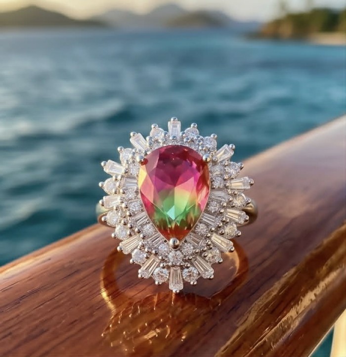 Isabella 8.7 carat pearl cut Brazilian Pink Tourmaline .925 Sterling Silver Perfectly handcrafted Statement Ring size 7 - Close-up of Isabella 8.7 carat pink tourmaline ring by the sea.