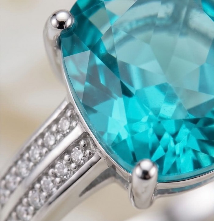 Eau Pure 8.2 carat Paraiba Tourmaline .925 Sterling Silver Handcrafted Ring size 8 adjustable - Close-up of Eau Pure Paraiba Tourmaline ring in .925 sterling silver.