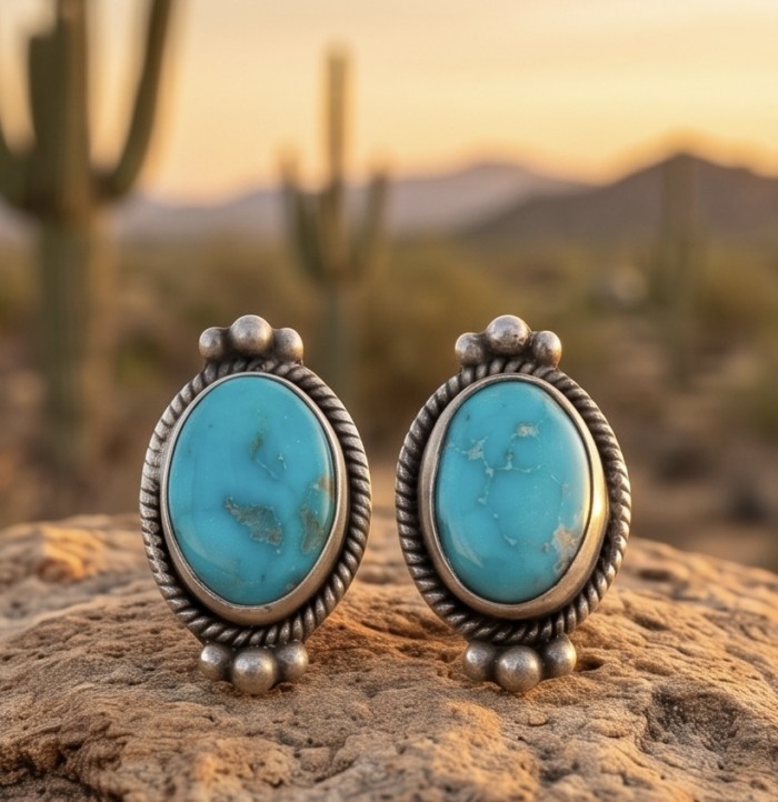 Great authentic Morenci Turquoise .925 Sterling Silver handcrafted Earrings - Close-up of Morenci Turquoise earrings on a rock with desert background