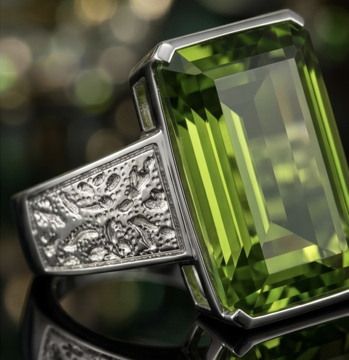 RARE FINDING! Authentic baquette cut 17.9 carat volcanic Green Helenite .925 Sterling Silver ring s. 7 - Close-up of a 17.9 carat green baguette-cut ring with silver detailing.