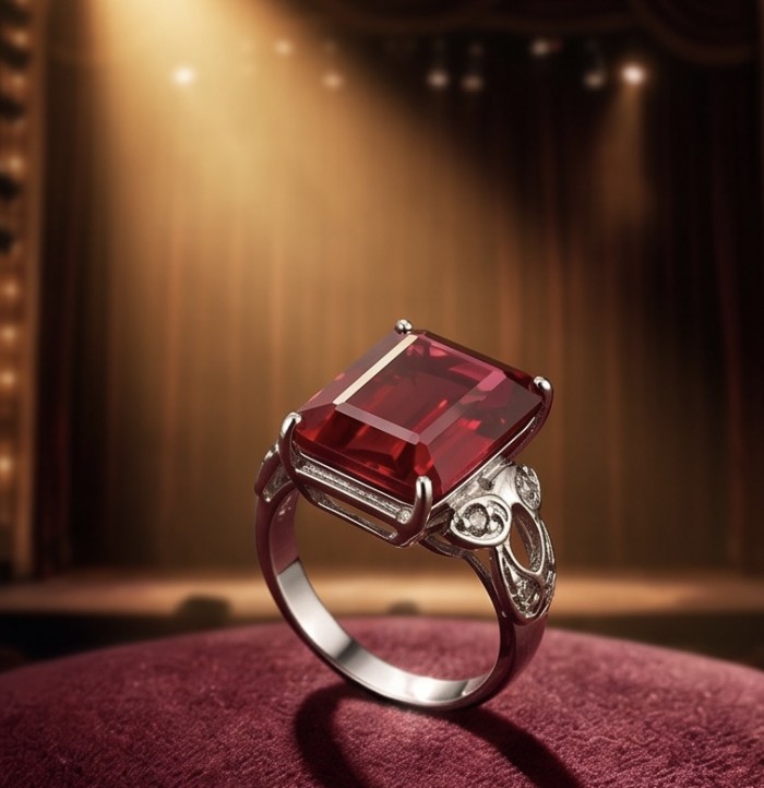 Carmen 15.5 carat emerald cut Ruby .925 Sterling Silver handcrafted incredible ring s. 6 3/4 - Ruby ring in spotlight, close-up side view on velvet cushion.