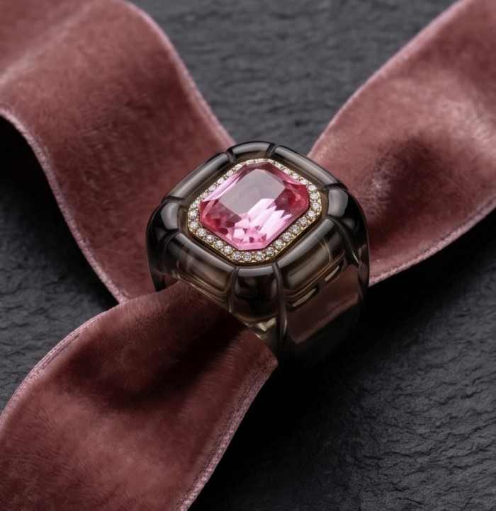 Candy Store - Modern Design Natural Brown Raisin Pink Topaz .925 Sterling Silver ring size 8 1/4 - Ring with pink topaz on pink ribbon, top angle view.