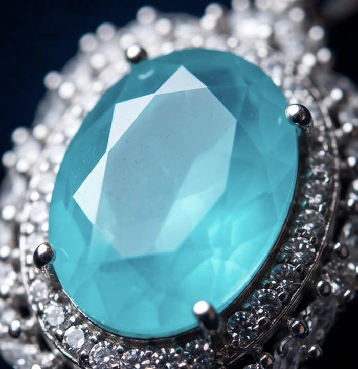Wonderland 15.2 carat fancy oval cut Paraiba Tourmaline .925 Sterling Silver Handcrafted Statement necklace - Stone close-up of Wonderland 15.2 carat oval cut Paraiba Tourmaline