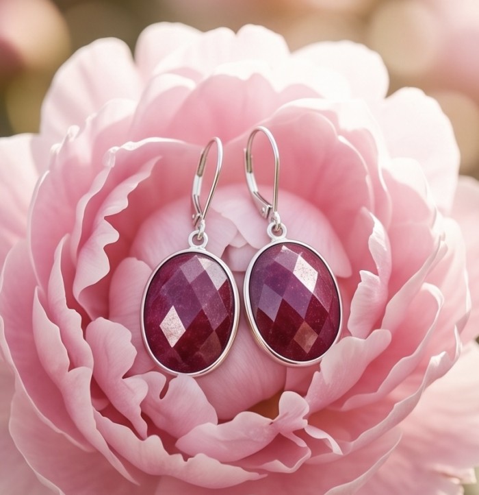Giovanna Natural 22.2 carat Kasmir Ruby 18K Gold over .925 Sterling Silver handcrafted Statement earrings - Close-up of Kasmir Ruby earrings on a pink flower background.