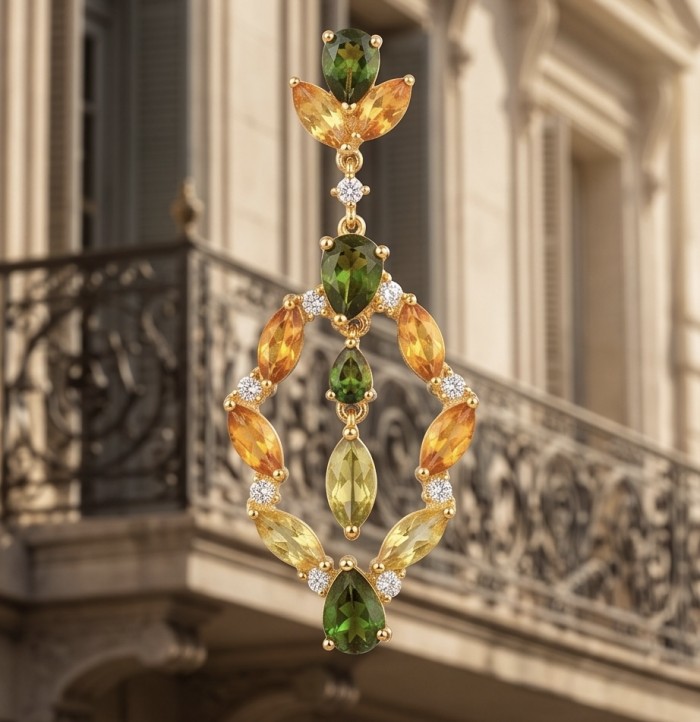 Romantica Authentic 10.5 carat Brazilain Citrine .925 Sterling Silver dipped in 18K Gold brilliantly handcrafted earrings - Close-up of Romantica Citrine earring against architectural backdrop