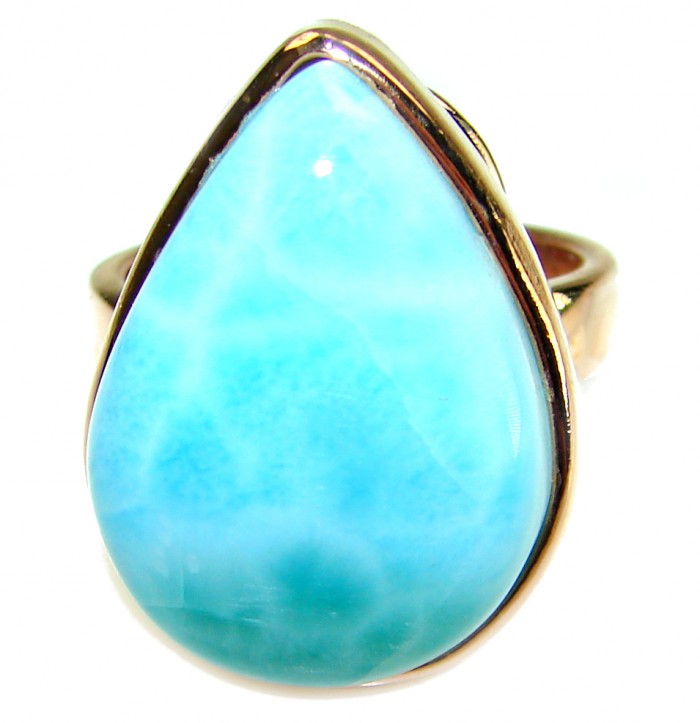 Blue Perfection AAA QUALITY Blue Larimar 18K Rose Gold over .925 Sterling Silver handmade Large ring size 7 adjustable - Close-up of blue Larimar ring set in 18K rose gold.