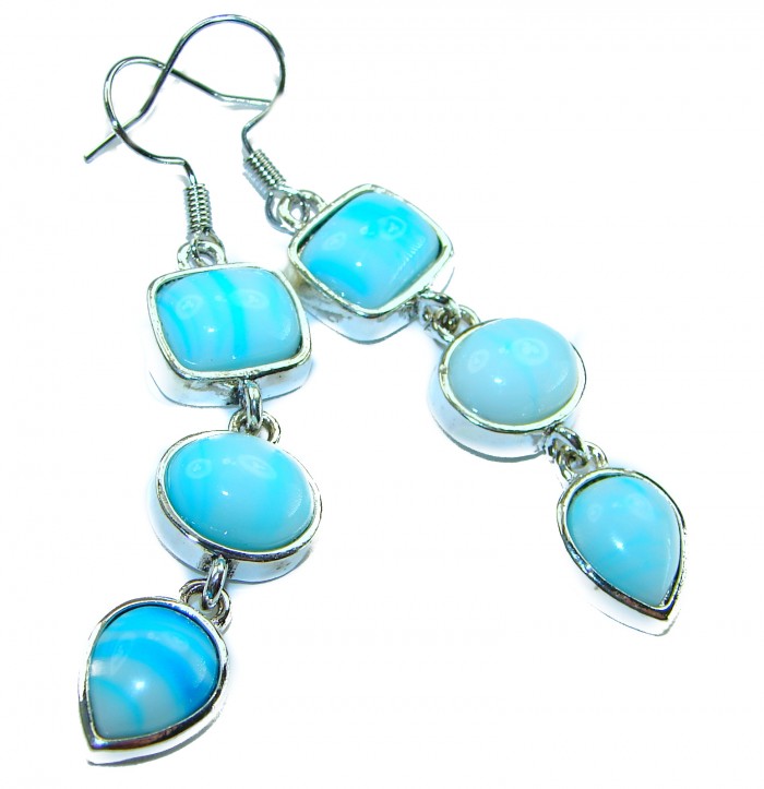 Precious Blue Larimar .925 Sterling Silver handmade earrings - Blue larimar dangle earrings, close-up, silver setting.