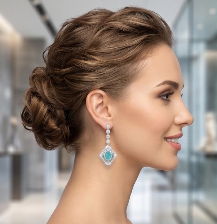 Pure Luxury 6.2 carat natural Colombian Emerald .925 Sterling Silver handmade Statement earrings - Side view of woman wearing Pure Luxury Colombian Emerald earrings