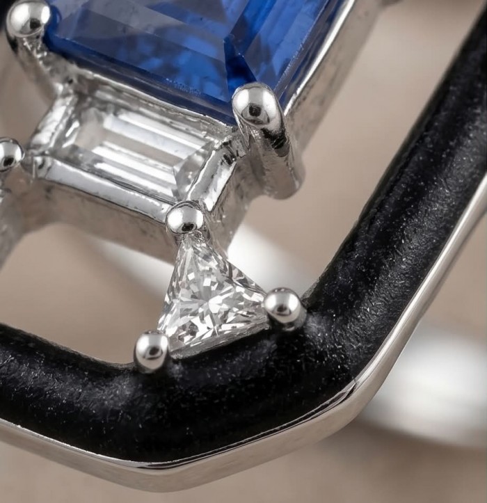Art Deco 6.2 carat Sapphire black enamel .925 Sterling Silver handcrafted Ring size 6 - Close-up of Art Deco sapphire and diamond on sterling silver ring.