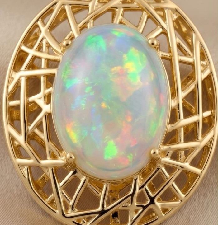 Earth Treasure Authentic 12.8 carat Golden Ethiopian Opal 22K Gold over .925 Sterling Silver handcrafted Statament Necklace - Close-up of 12.8 carat Golden Ethiopian Opal in intricate gold setting.